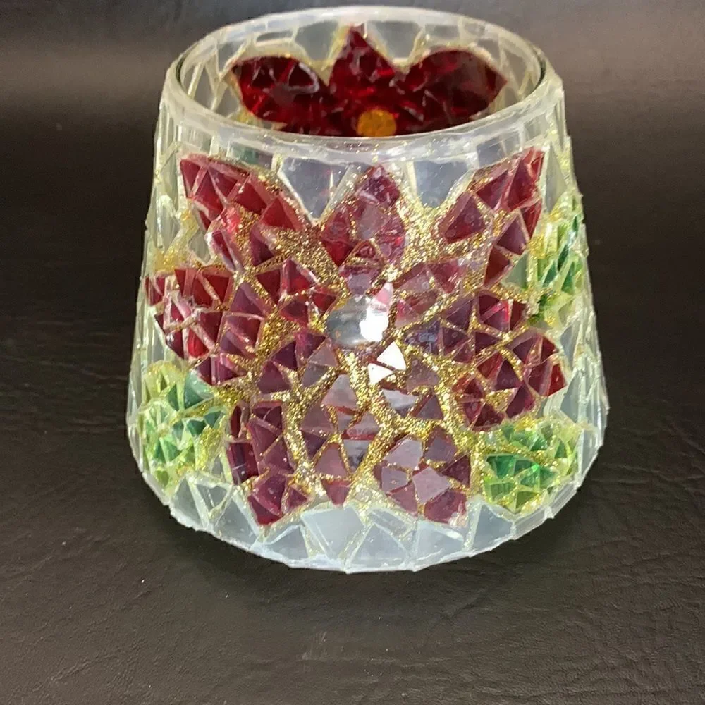 Home Interiors USA Poinsettia Red Gold Green Frosted Candle Shade 4 Inches Tall